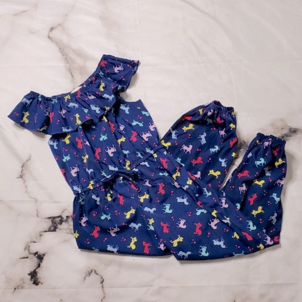 4T Lily Bleu Navy One-Shoulder Unicorn Print Jumpsuit with Ruffle